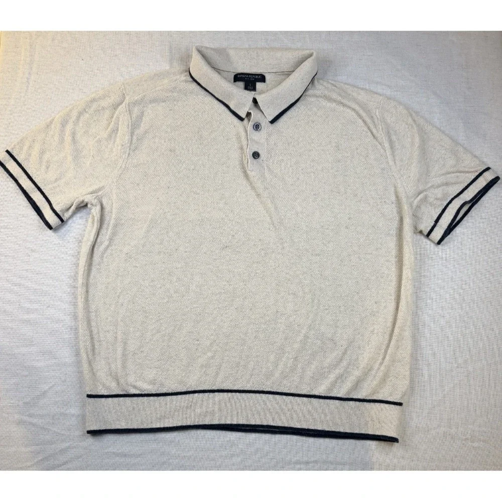 Banana Republic Mens Large Beige Silk Linen Knit Short Sleeve Polo Shirt